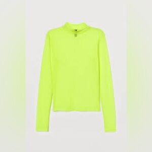 H&M Divided Neon Yellow Fitted Mock Neck Mesh Long Sleeve Top Size S
